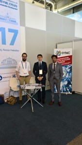 From Left to Right: Matthias Vanderhaegen (ENS-YGN representative from Belgium), Denis Janin (IYNC President) and Chirayu Batra (IAEA Nuclear Energy Department) at the IYNC stand.