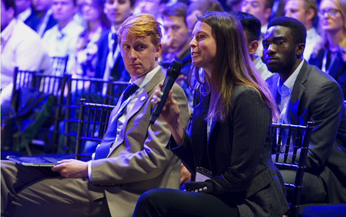 IYNC Communication Chair Lenka Kollar asking a question to plenary speaker on small modular reactors (Source: ENYGF)