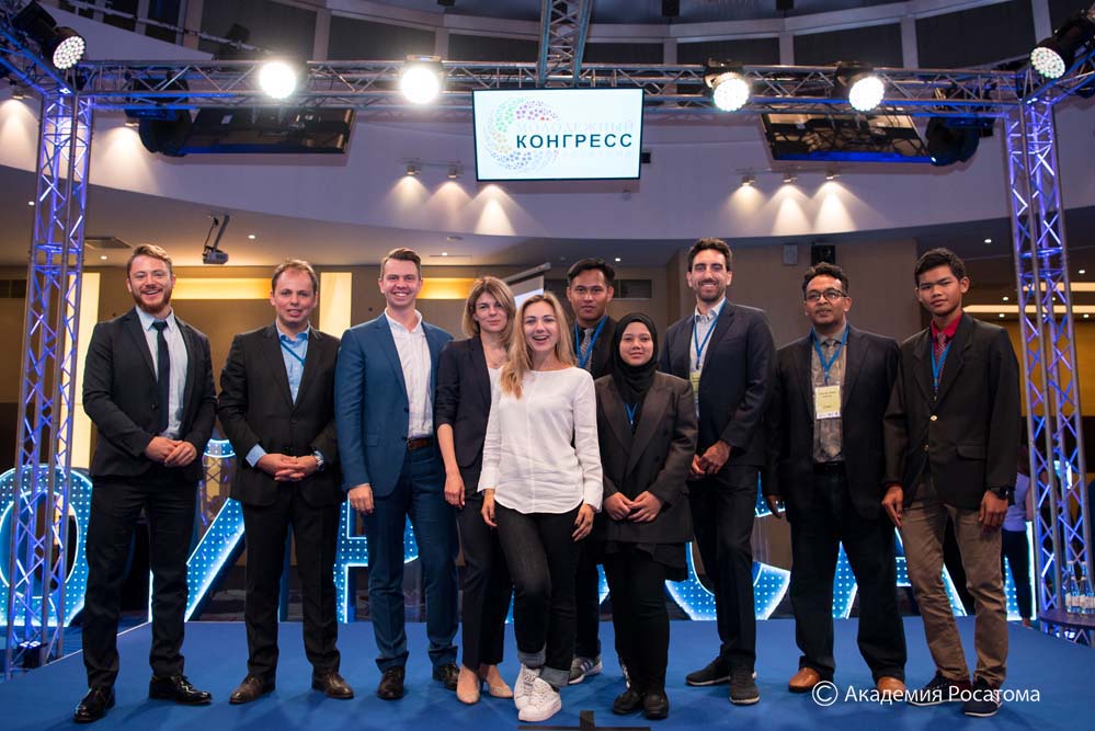 European YGN Chair Nathan Patterson (left) and IYNC President Luca Capriotti (second from the left) with representatives from IYNC at the Rosatom Youth Congress in St. Petersburg, August 2018